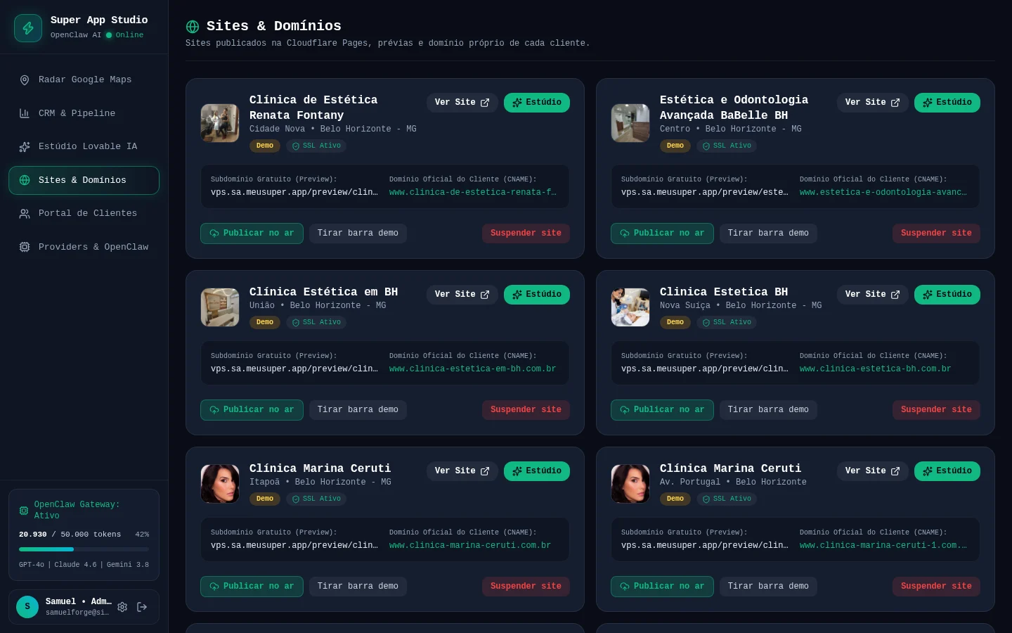 Tela real do módulo Domínios do Meu Super App